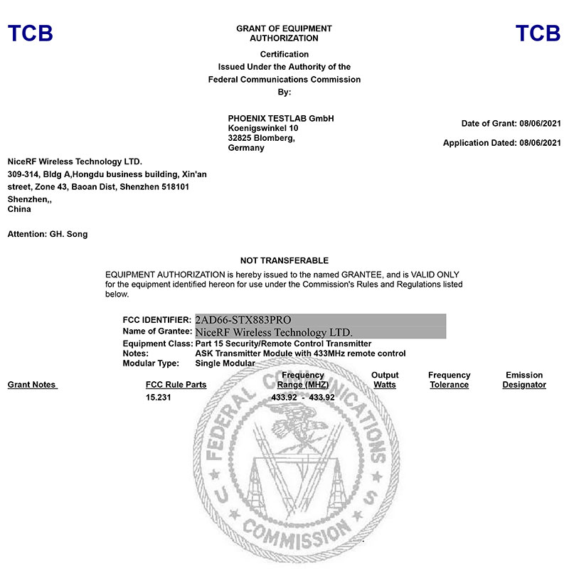 Le module ASK STX883PRO a passé la certification FCC