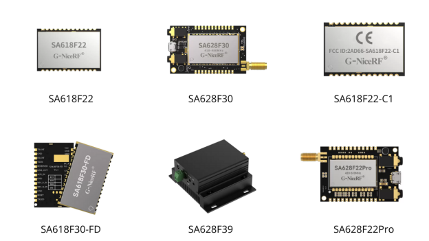 Exemples de modules sans fil full duplex, notamment les SA618F22, SA628F30, SA618F30-FD et SA628F39.