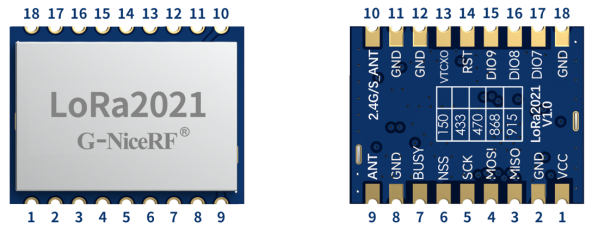 Schéma de brochage du module LoRa2021, présentant la vue de dessus avec le blindage métallique et la vue de dessous du circuit imprimé. Il indique clairement les 18 broches, notamment l'alimentation, les lignes de données SPI et les interfaces d'antenne séparées pour les bandes Sub-GHz (ANT) et 2,4 GHz/S (2,4G/S_ANT). Schéma de brochage du module LoRa2021, présentant la vue de dessus avec le blindage métallique et la vue de dessous du circuit imprimé. Il indique clairement les 18 broches, notamment l'alimentation, les lignes de données SPI et les interfaces d'antenne séparées pour les bandes Sub-GHz (ANT) et 2,4 GHz/S (2,4G/S_ANT).