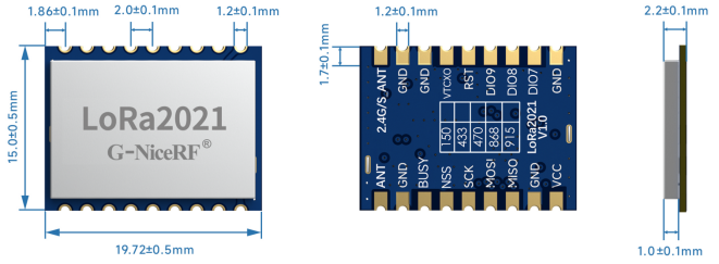 Un dessin technique illustrant les dimensions mécaniques du module LoRa2021. Il présente les vues de dessus, de dessous et de côté avec des mesures précises, indiquant une taille de module de 19,72 mm x 15,0 mm et un espacement entre les broches de 1,2 mm. Un dessin technique illustrant les dimensions mécaniques du module LoRa2021. Il présente les vues de dessus, de dessous et de côté avec des mesures précises, indiquant une taille de module de 19,72 mm x 15,0 mm et un espacement entre les broches de 1,2 mm.