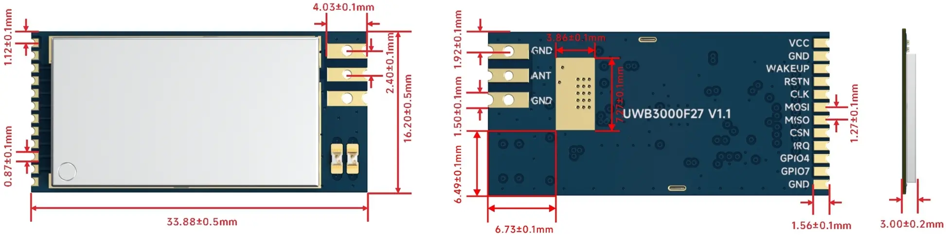 Dimensions mécaniques du module frontal UWB haute puissance 500 mW UWB3000F27 Dimensions mécaniques du module frontal UWB haute puissance 500 mW UWB3000F27