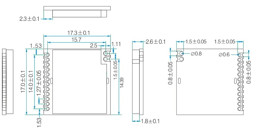 Dimensions mécaniques du module frontal sans fil LoRa 915 MHz LoRa1276 - 915 Dimensions mécaniques du module frontal sans fil LoRa 915 MHz LoRa1276 - 915