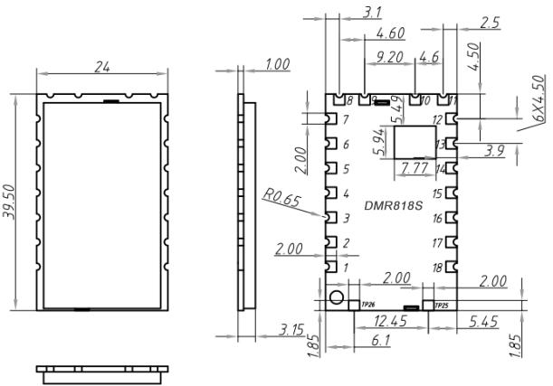 Dimensions mécaniques du module talkie-walkie DMR DMR818S-U. Dimensions mécaniques du module talkie-walkie DMR DMR818S-U.