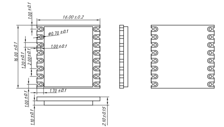 Dimensions mécaniques du module LoRa sans fil LoRa1262-868. Dimensions mécaniques du module LoRa sans fil LoRa1262-868.