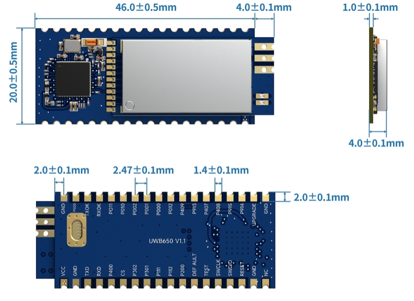 Dimensions mécaniques du module UWB650 Dimensions mécaniques du module UWB650