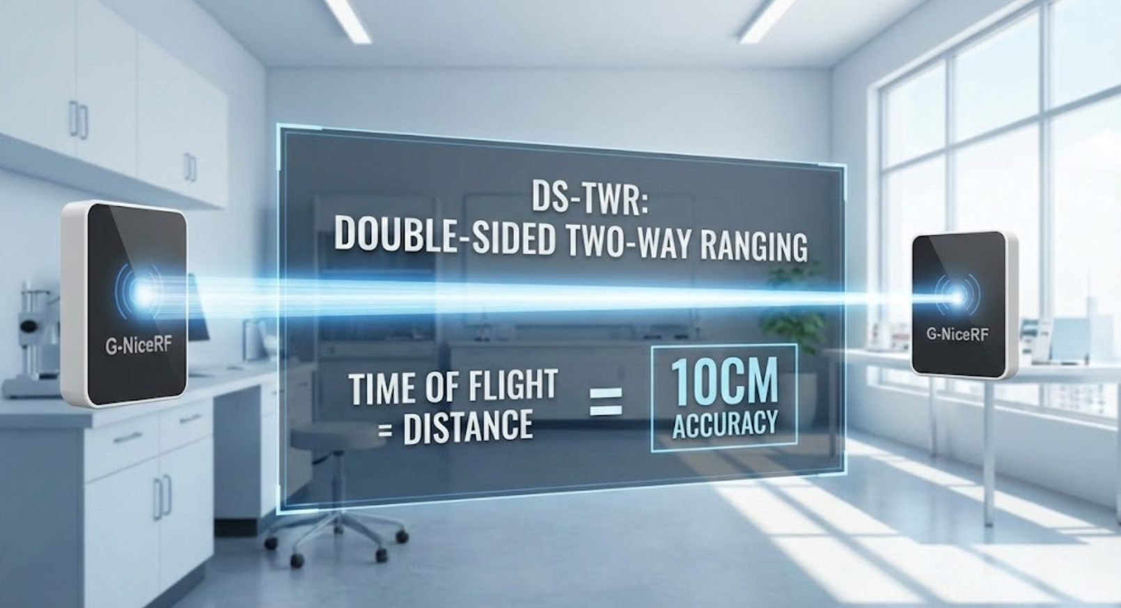 Concept DS-TWR illustré avec des dispositifs G-NiceRF et une superposition de précision.